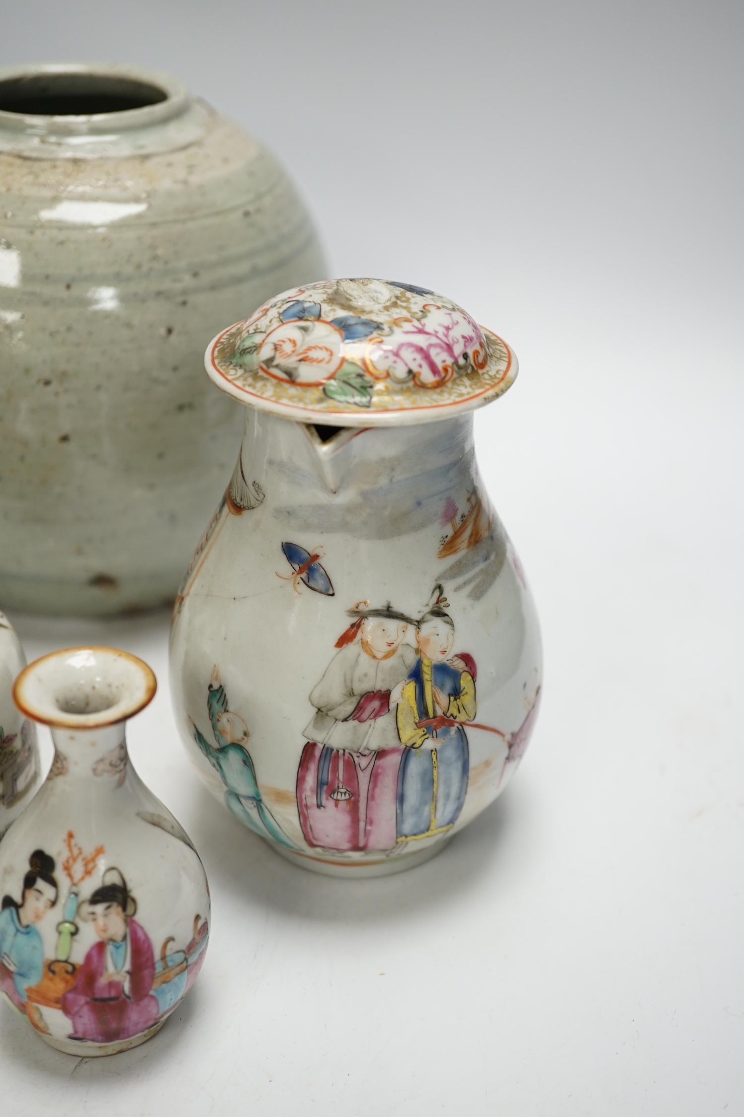 A group of Chinese porcelain etc, 18th century and later (8), including a crackle glaze Dragon water pot, c.1900 and a brown glazed meiping, early 20th century